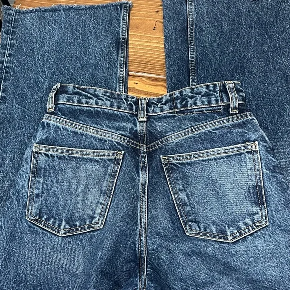 Zara Dark Blue Denim High Waist Wide Leg Jeans Pants Frayed Hem - Picture 5 of 8